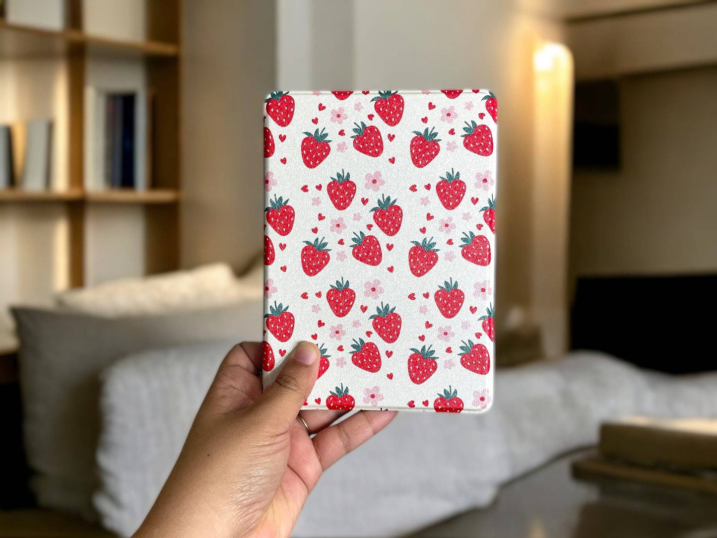 Strawberry Hearts Kindle Case w/ Handle and Clear Back