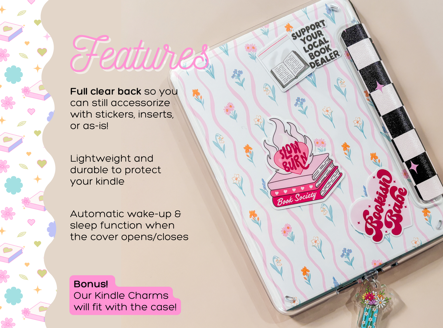 Book Whore Bows Clear Back and Handstrap Kindle Case
